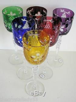 AJKA MAGDA'S PRIDE MULTI COLOR CASED CUT CRYSTAL 9 3/4 WINE GOBLETS Set of 6