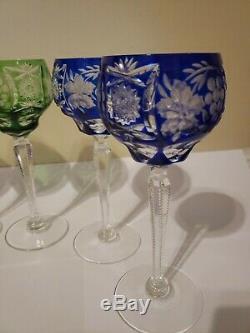 AJKA MULTI COLOR CASED CUT TO CLEAR CRYSTAL 8 1/4 WINE GOBLETS Set of 6