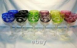 AJKA Multi-Color Cut-to-Clear Crystal 12 Blown Wine Hocks Goblets 7 1/2 w2s12