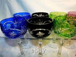 AJKA Multi-Color Cut-to-Clear Crystal 12 Blown Wine Hocks Goblets 7 1/2 w2s12