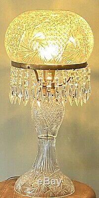 ANTIQUE AMERICAN BRILLIANT CUT GLASS CRYSTAL MUSHROOM SHADE LAMP With PRISMS 26