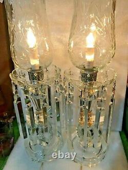 ANTIQUE CUT GLASS LAMPS(2) withHURRICANE SHADES BOBECHE CRYSTAL PRISMS GIRANDOLE