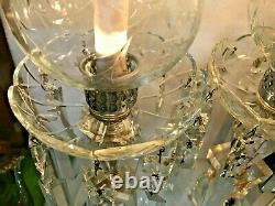 ANTIQUE CUT GLASS LAMPS(2) withHURRICANE SHADES BOBECHE CRYSTAL PRISMS GIRANDOLE