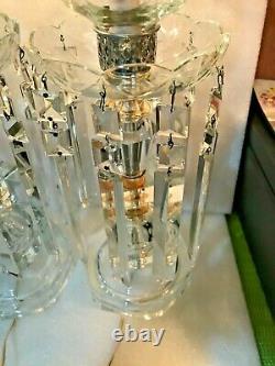 ANTIQUE CUT GLASS LAMPS(2) withHURRICANE SHADES BOBECHE CRYSTAL PRISMS GIRANDOLE