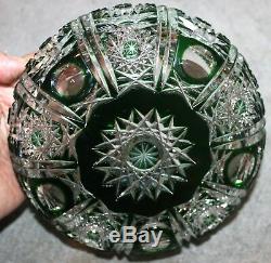 ANTIQUE EMERALD GREEN CUT TO CLEAR CRYSTAL BOWL WithHOBSTARS