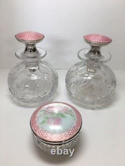 ANTIQUE Gorgeous VANITY SET in Cut Crystal With STERLING SILVER and Pink Enamel