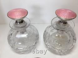 ANTIQUE Gorgeous VANITY SET in Cut Crystal With STERLING SILVER and Pink Enamel