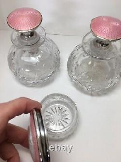 ANTIQUE Gorgeous VANITY SET in Cut Crystal With STERLING SILVER and Pink Enamel