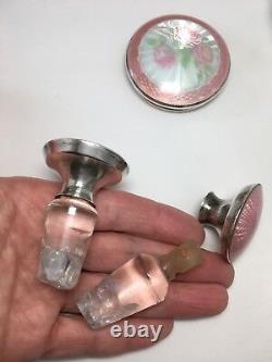 ANTIQUE Gorgeous VANITY SET in Cut Crystal With STERLING SILVER and Pink Enamel