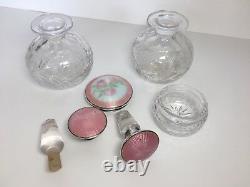 ANTIQUE Gorgeous VANITY SET in Cut Crystal With STERLING SILVER and Pink Enamel