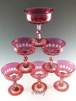 ANTIQUE Wine Glass Set of 6 Overlay Cut to Clear Cranberry Champagne Saucers