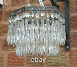 ART DECO 1930s 2 TIER HEXAGON WATERFALL CUT GLASS CRYSTAL CEILING CHANDELIER