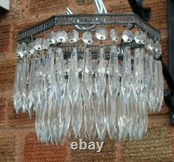 ART DECO 1930s 2 TIER HEXAGON WATERFALL CUT GLASS CRYSTAL CEILING CHANDELIER