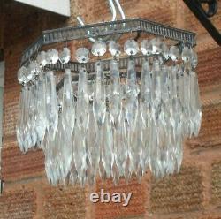 ART DECO 1930s 2 TIER HEXAGON WATERFALL CUT GLASS CRYSTAL CEILING CHANDELIER