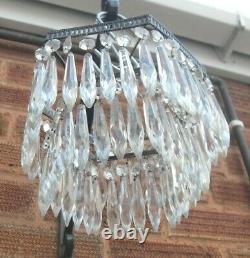 ART DECO 1930s 2 TIER HEXAGON WATERFALL CUT GLASS CRYSTAL CEILING CHANDELIER