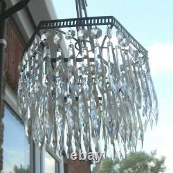 ART DECO 1930s 2 TIER HEXAGON WATERFALL CUT GLASS CRYSTAL CEILING CHANDELIER