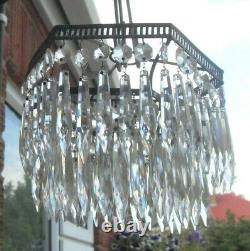 ART DECO 1930s 2 TIER HEXAGON WATERFALL CUT GLASS CRYSTAL CEILING CHANDELIER