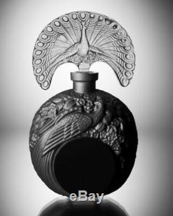 ART DECO Crystal Glass Black Czech Bohemian Perfume Bottle Hand Cut Peacock