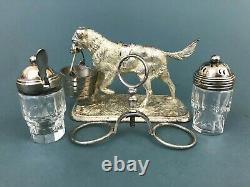 ATQ VTG Silver Plated Dog Figural Cut Crystal Salt & Pepper Shaker Cruet Set