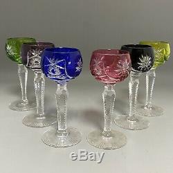 A Set of 6 colourful 1960s Crystal Cut to Clear Flower Small Liqueur Glasses