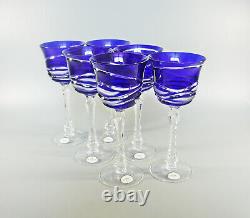 Ajka Cobalt Blue Cut To Clear Crystal Wine Glass Set Of 6! (bt045)