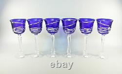 Ajka Cobalt Blue Cut To Clear Crystal Wine Glass Set Of 6! (bt045)