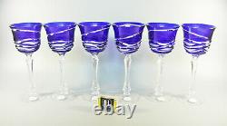 Ajka Cobalt Blue Cut To Clear Crystal Wine Glass Set Of 6! (bt045)