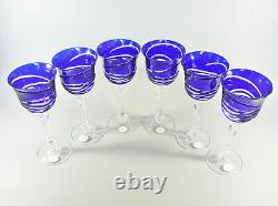 Ajka Cobalt Blue Cut To Clear Crystal Wine Glass Set Of 6! (bt045)