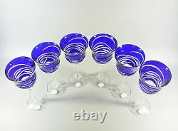 Ajka Cobalt Blue Cut To Clear Crystal Wine Glass Set Of 6! (bt045)