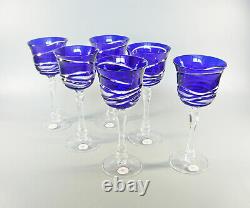 Ajka Cobalt Blue Cut To Clear Crystal Wine Glass Set Of 6! (bt045)