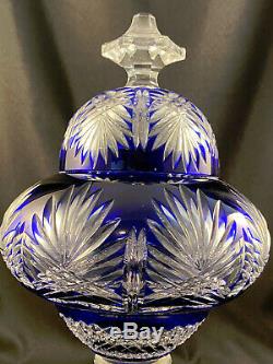 Ajka Cobalt Blue Cut To Clear Footed Urn Jar W LID Signed Magda Nemeth