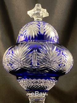 Ajka Cobalt Blue Cut To Clear Footed Urn Jar W LID Signed Magda Nemeth