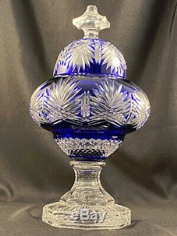 Ajka Cobalt Blue Cut To Clear Footed Urn Jar W LID Signed Magda Nemeth