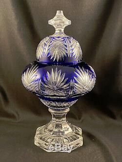 Ajka Cobalt Blue Cut To Clear Footed Urn Jar W LID Signed Magda Nemeth