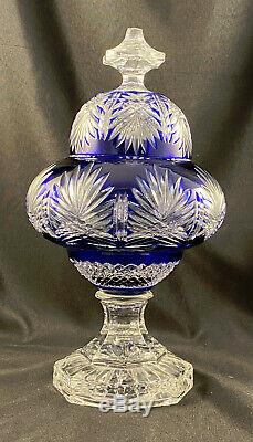 Ajka Cobalt Blue Cut To Clear Footed Urn Jar W LID Signed Magda Nemeth