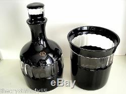 Ajka Faberge Black Magic Black Onyx Cased Cut To Clear Decanter & Whiskey Large