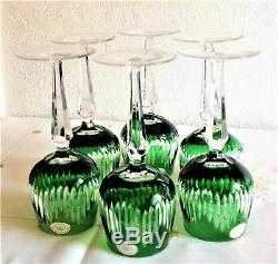 Ajka Lead Crystal Emerald Green Cased Cut To Clear Wine Hocks, Set Of 6, Signed