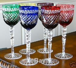 Ajka Majestic Wine Glass Goblets 9.5h, Multi-color Cased Cut Clear Crystal Nib