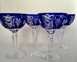 Ajka Marsala Bohemian Cut To Clear Crystal Wine Hock /goblet Cobalt Blue. Four