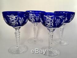 Ajka Marsala Bohemian Cut To Clear Crystal Wine Hock /goblet Cobalt Blue. Four