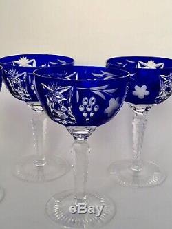 Ajka Marsala Bohemian Cut To Clear Crystal Wine Hock /goblet Cobalt Blue. Four