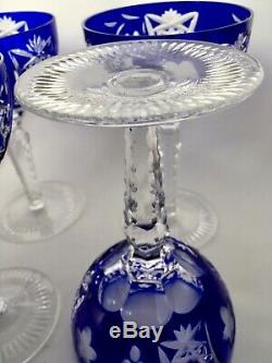 Ajka Marsala Bohemian Cut To Clear Crystal Wine Hock /goblet Cobalt Blue. Four