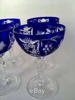 Ajka Marsala Bohemian Cut To Clear Crystal Wine Hock /goblet Cobalt Blue. Four