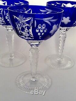 Ajka Marsala Bohemian Cut To Clear Crystal Wine Hock /goblet Cobalt Blue. Four