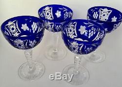 Ajka Marsala Bohemian Cut To Clear Crystal Wine Hock /goblet Cobalt Blue. Four