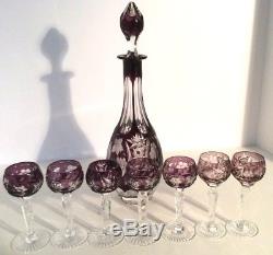 Ajka Marsala Cut Clear Glass Crystal Decanter Purple Amethyst Grapes 7 Cordials