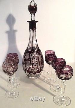 Ajka Marsala Cut Clear Glass Crystal Decanter Purple Amethyst Grapes 7 Cordials