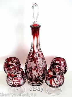 Ajka Marsala Ruby Red Cased Cut To Clear Crystal Decanter & 4 Brandy Snifters