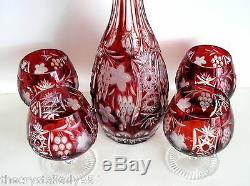Ajka Marsala Ruby Red Cased Cut To Clear Crystal Decanter & 4 Brandy Snifters