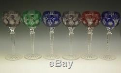 Ajka Martisa Set Of Six 8 1/4 Crystal Cut To Clear Wine Hock Goblets Red Blue